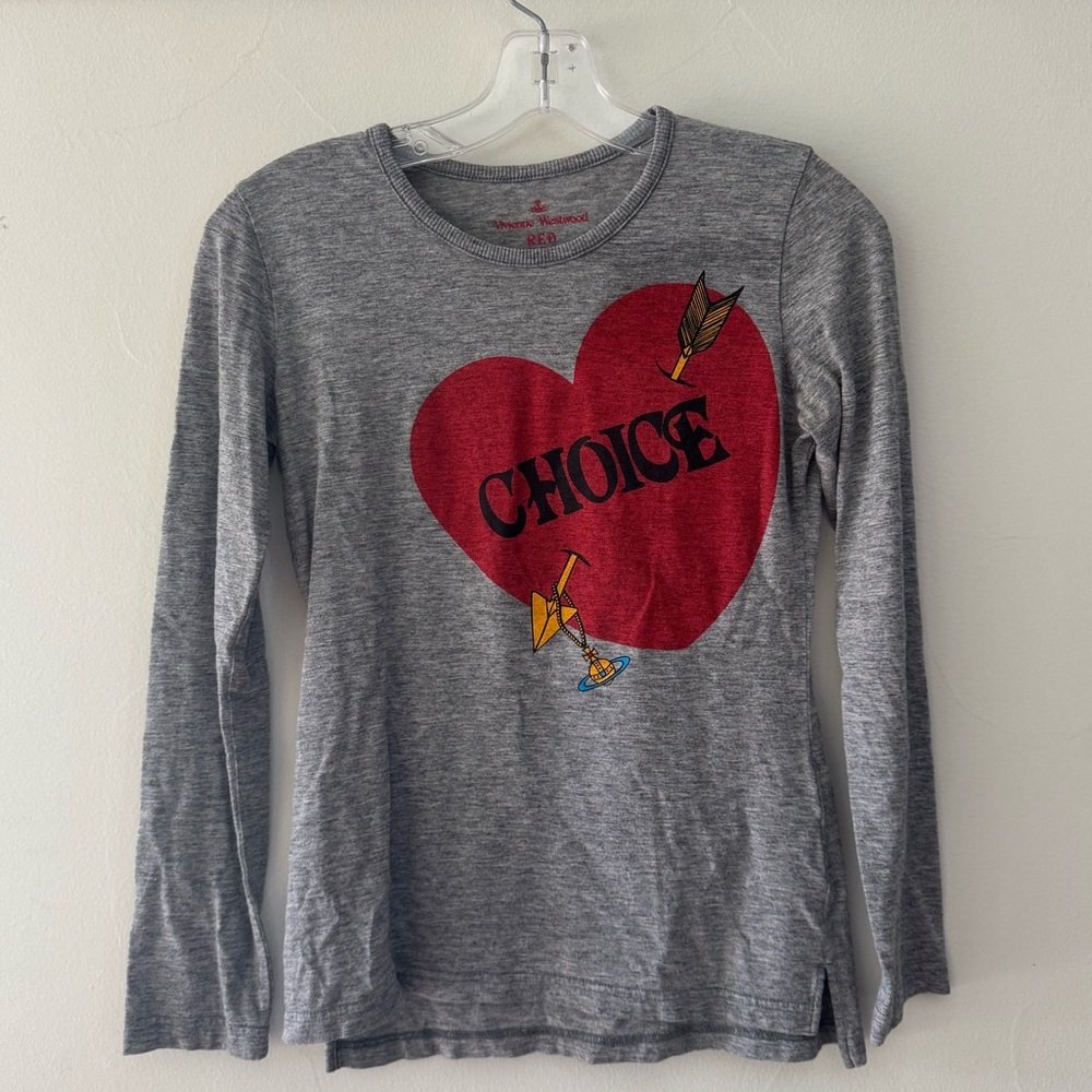 Vintage Vivienne Westwood Gray Long Sleeve Tee with Red Heart and Arrow